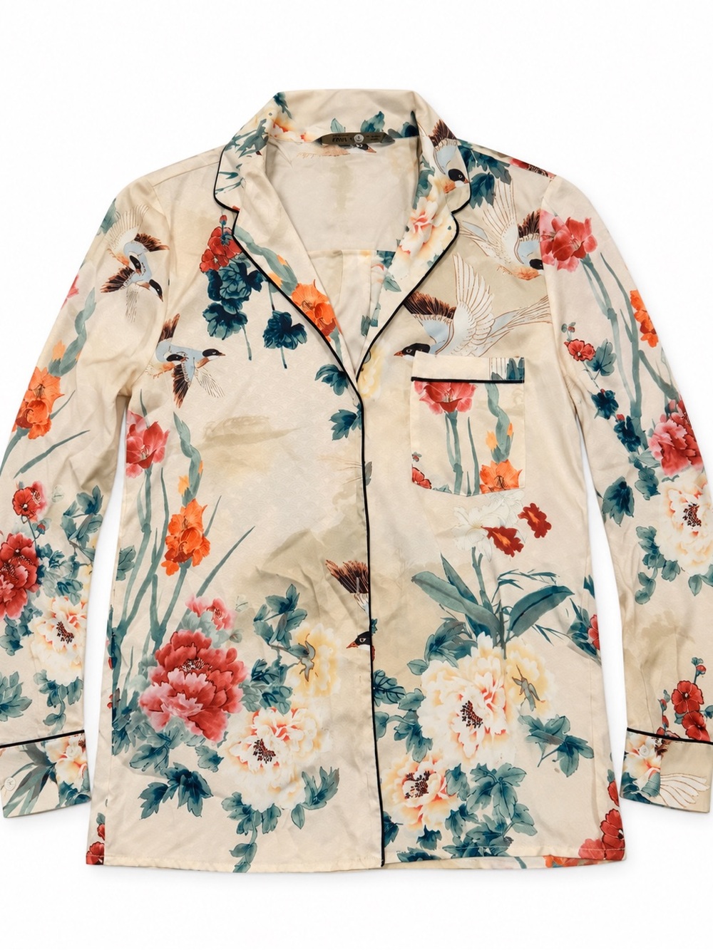 Zara Silk Cream Floral & Bird Print Button-Down Shirt